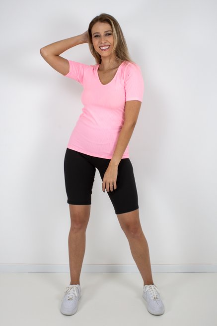 Blusa Básica Feminina Manga Curta Canelada Lisa Rosa Neon