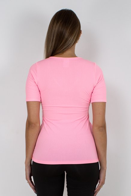 Blusa Básica Feminina Manga Curta Canelada Lisa Rosa Neon