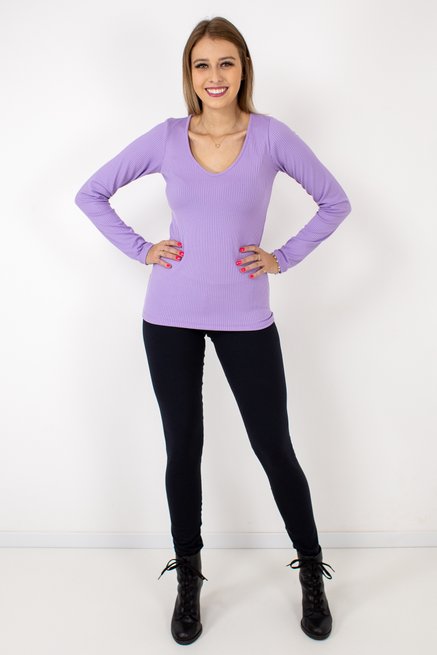 Blusa Básica Feminina Manga Longa Canelada Lisa Lilás