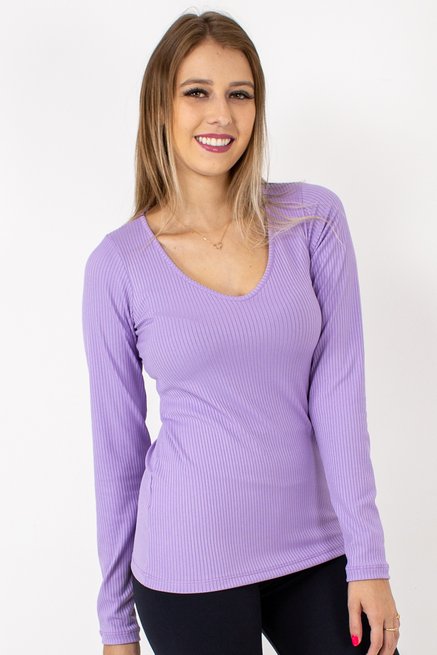 Blusa Básica Feminina Manga Longa Canelada Lisa Lilás