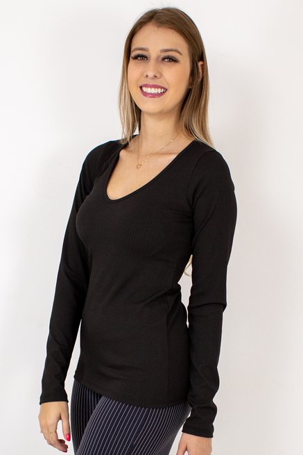 Blusa Básica Feminina Manga Longa Canelada Lisa Preta