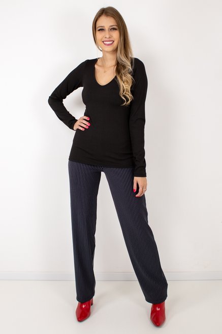Blusa Básica Feminina Manga Longa Canelada Lisa Preta