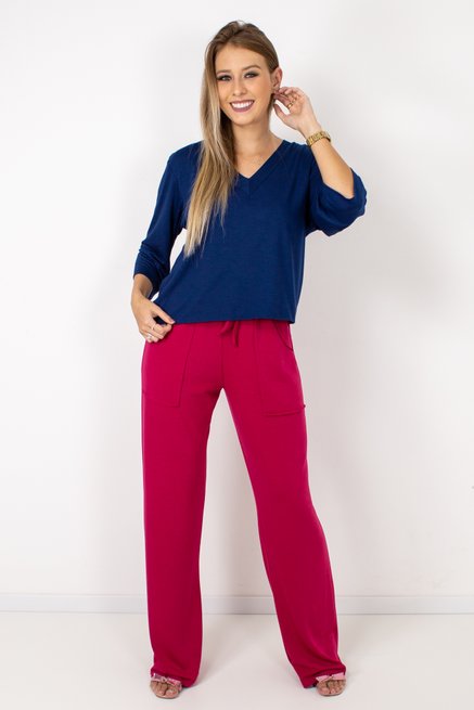 Blusa Cropped Isabele Manga ¾ Lisa Azul Marinho