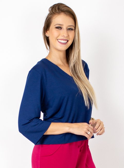Blusa Cropped Isabele Manga ¾ Lisa Azul Marinho