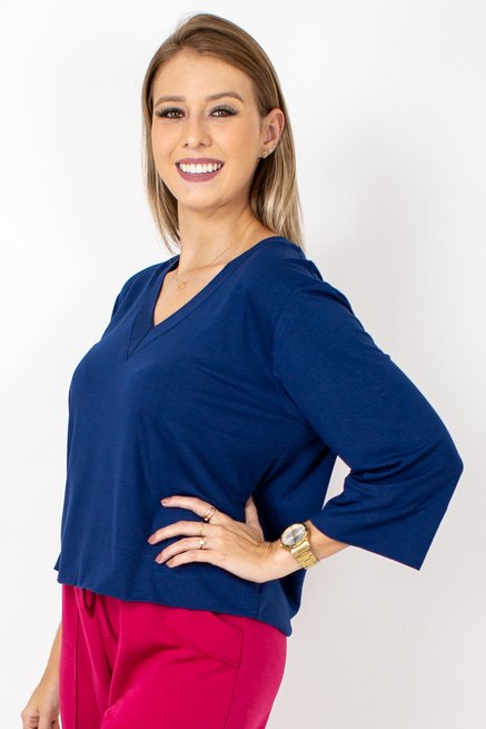 Blusa Cropped Isabele Manga ¾ Lisa Azul Marinho
