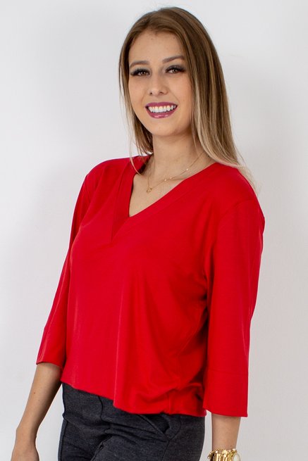 Blusa Cropped Isabele Manga ¾ Lisa Vermellha
