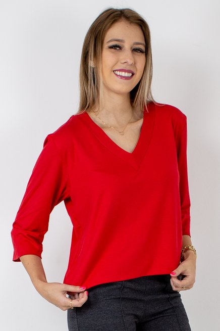Blusa Cropped Isabele Manga ¾ Lisa Vermellha