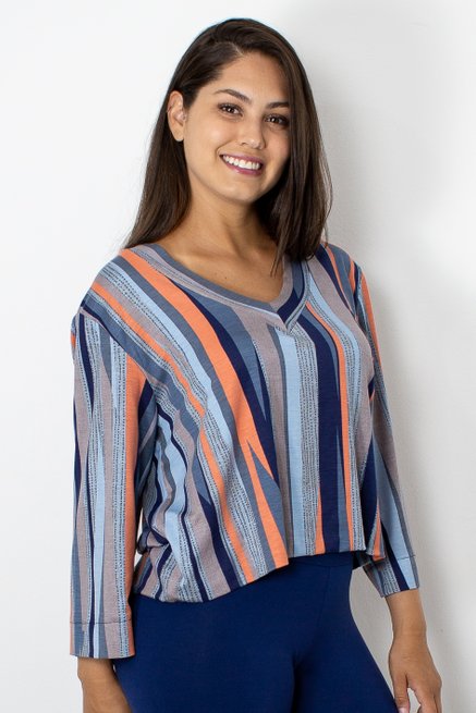 Blusa Cropped Isabele Manga ¾ Viscolycra Listrada