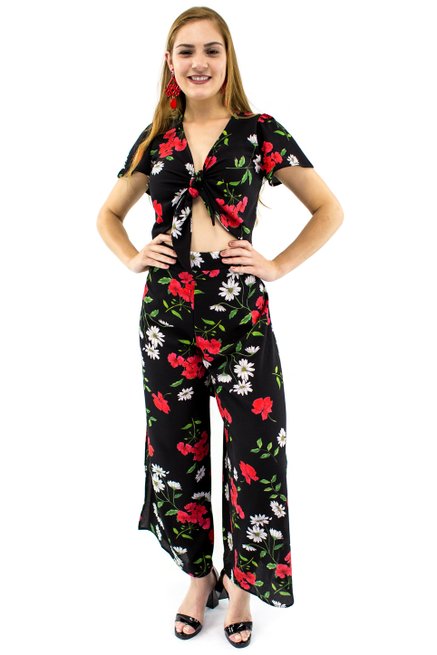 Blusa Cropped Manga Curta Estampa Floral Black