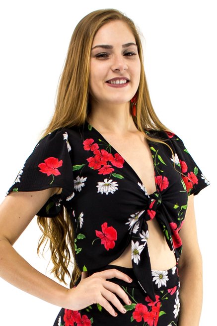 Blusa Cropped Manga Curta Estampa Floral Black