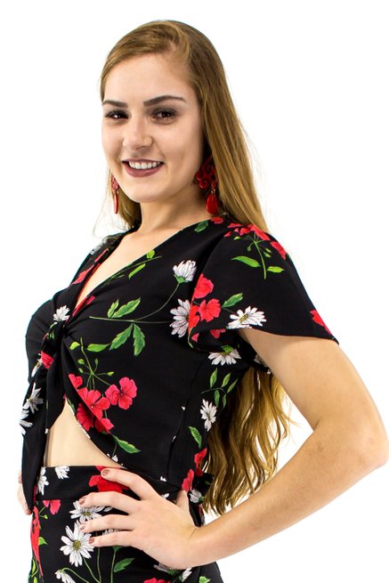Blusa Cropped Manga Curta Estampa Floral Black