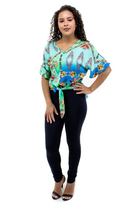 Blusa Cropped Manga Curta Estampa Verde