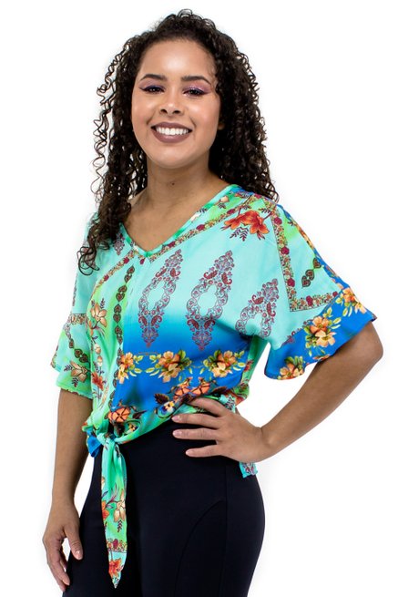 Blusa Cropped Manga Curta Estampa Verde