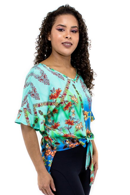 Blusa Cropped Manga Curta Estampa Verde