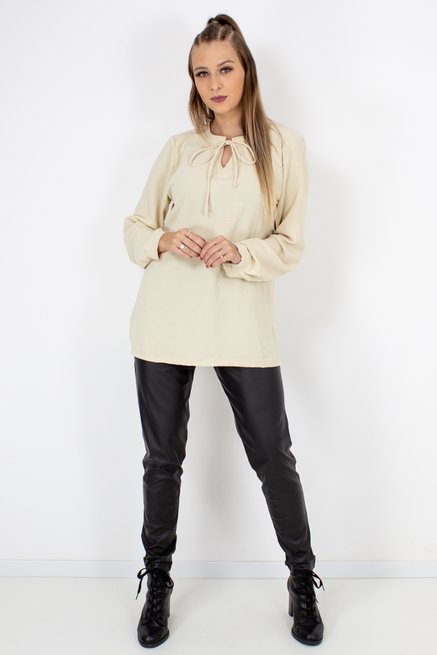 Blusa Feminina Célia Manga Longa Tencel Lisa Bege