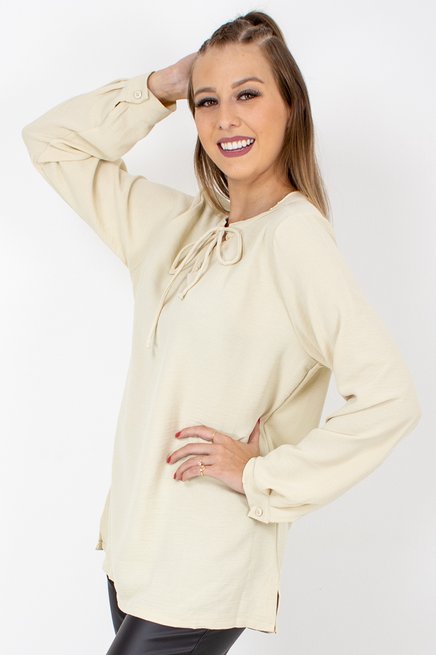 Blusa Feminina Célia Manga Longa Tencel Lisa Bege