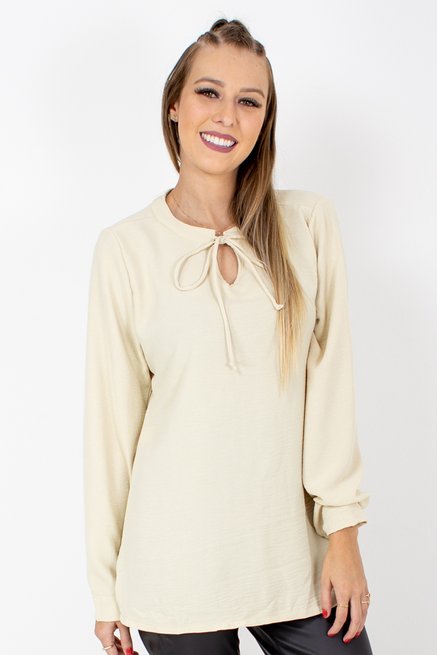 Blusa Feminina Célia Manga Longa Tencel Lisa Bege