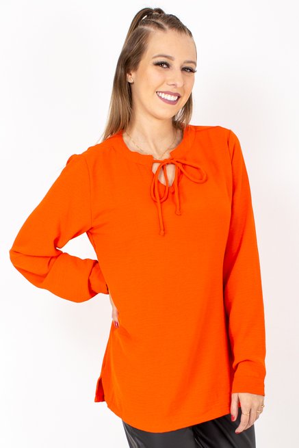 Blusa Feminina Célia Manga Longa Tencel Lisa Laranja