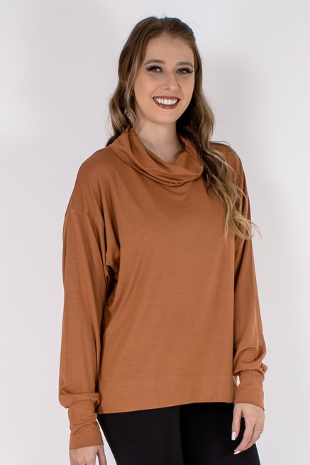Blusa Feminina Manga Longa Máxi Gola Lisa Camel