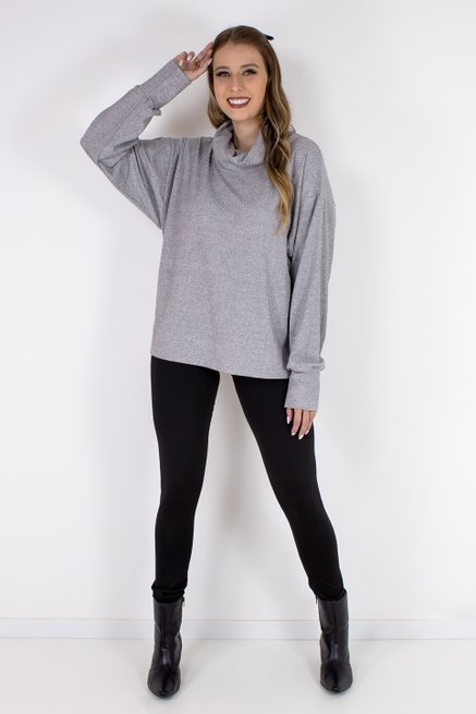 Blusa Feminina Manga Longa Máxi Gola Lisa Cinza Mescla
