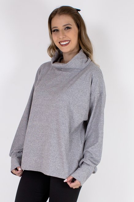 Blusa Feminina Manga Longa Máxi Gola Lisa Cinza Mescla