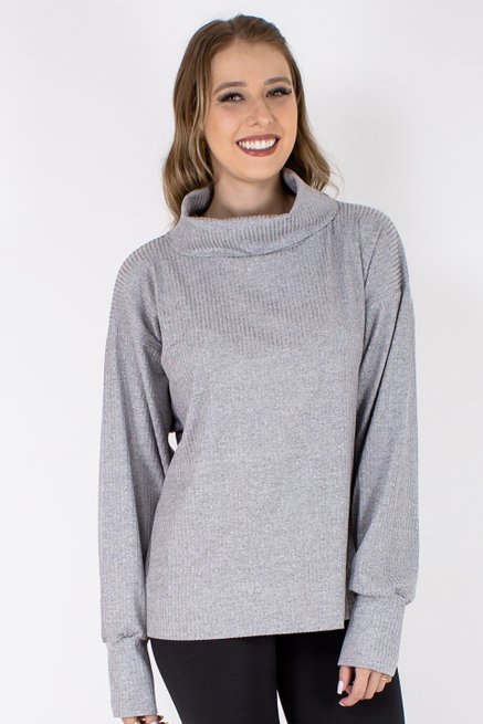 Blusa Feminina Manga Longa Máxi Gola Lisa Cinza Mescla