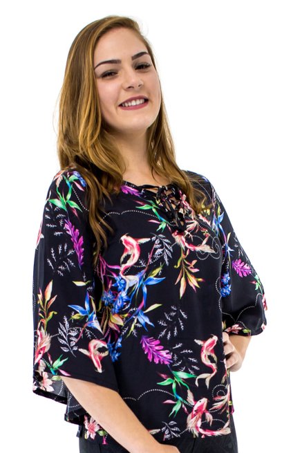 Blusa Manga 3/4 Flare Estampa Floral Black