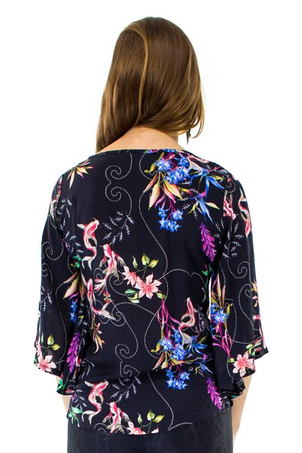 Blusa Manga 3/4 Flare Estampa Floral Black
