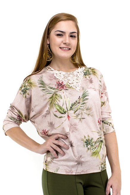 Blusa Manga 3/4 Guipir Estampa Floral Rosê