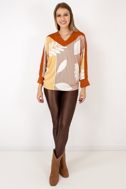 Blusa Manga 7/8 Estampa Ferrugem listrada