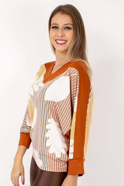 Blusa Manga 7/8 Estampa Ferrugem listrada