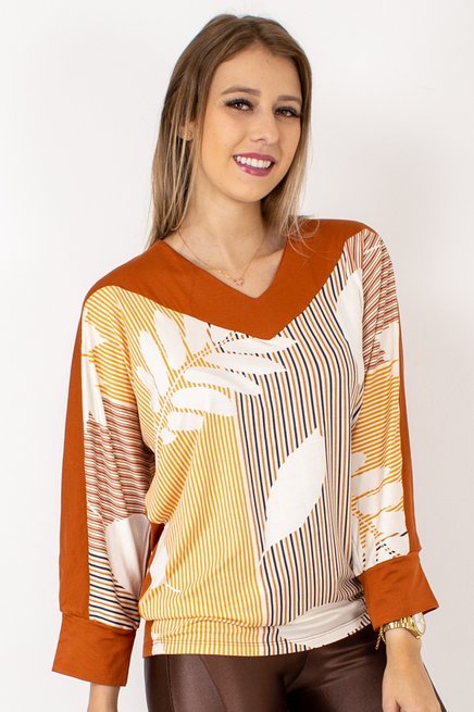 Blusa Manga 7/8 Estampa Ferrugem listrada