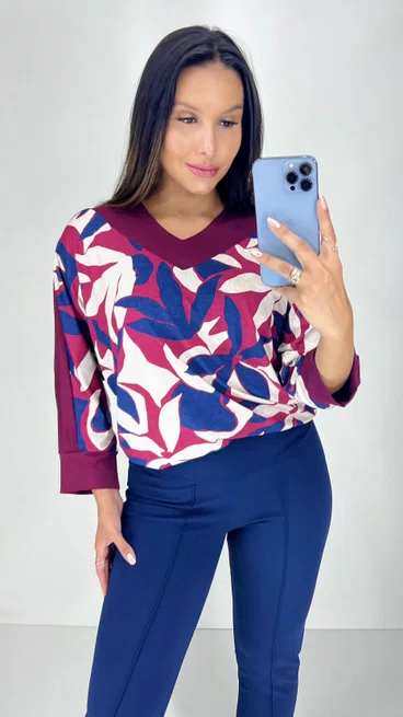 Blusa Manga 7/8 Estampa Floral Marsala e Marinho