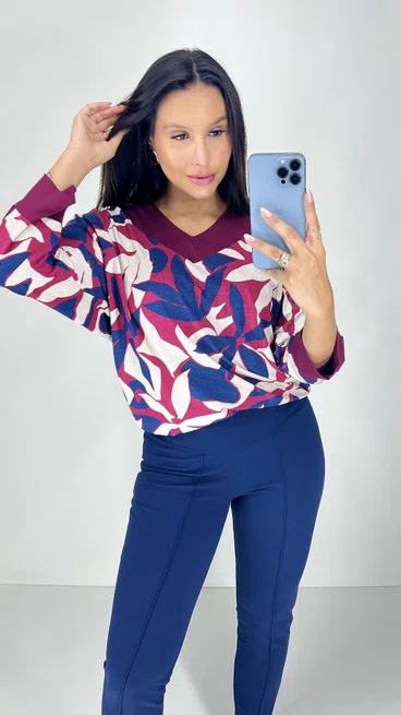 Blusa Manga 7/8 Estampa Floral Marsala e Marinho
