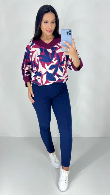 Blusa Manga 7/8 Estampa Floral Marsala e Marinho