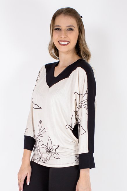Blusa Manga 7/8 Estampa Floral Preta e Branca