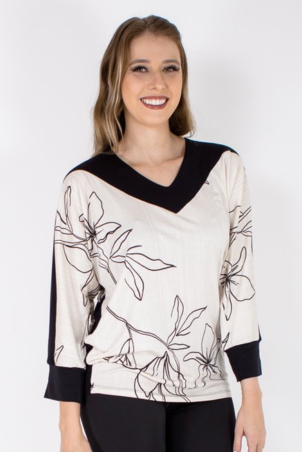 Blusa Manga 7/8 Estampa Floral Preta e Branca