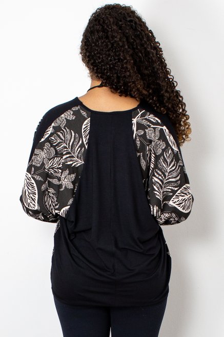Blusa Manga 7/8 Estampa Floral Preta e Branca