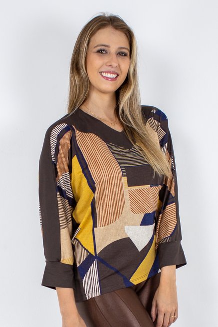 Blusa Manga 7/8 Estampa Geométrica Tons Terrosos