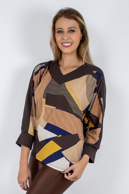Blusa Manga 7/8 Estampa Geométrica Tons Terrosos