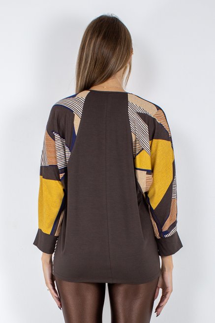Blusa Manga 7/8 Estampa Geométrica Tons Terrosos