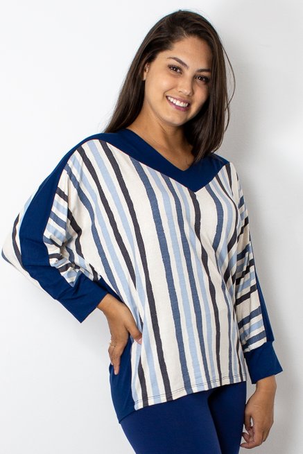 Blusa Manga 7/8 Estampa Listras Azul