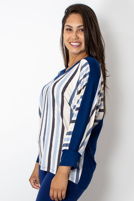 Blusa Manga 7/8 Estampa Listras Azul