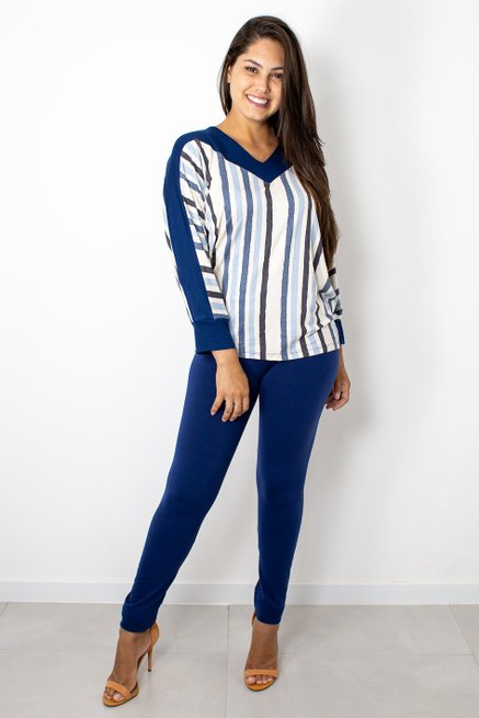 Blusa Manga 7/8 Estampa Listras Azul