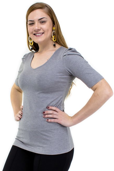Blusa Manga Bufante Curta Canelada Lisa Cinza Mescla