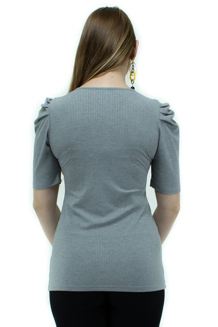 Blusa Manga Bufante Curta Canelada Lisa Cinza Mescla