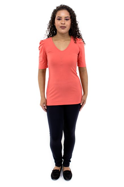 Blusa Manga Bufante Curta Canelada Lisa Laranja