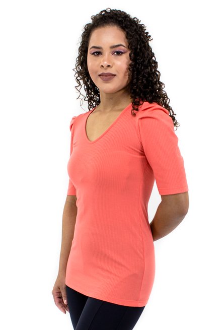 Blusa Manga Bufante Curta Canelada Lisa Laranja