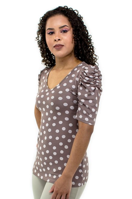 Blusa Manga Bufante Curta Estampa Poá Bege
