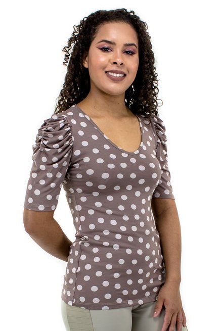 Blusa Manga Bufante Curta Estampa Poá Bege